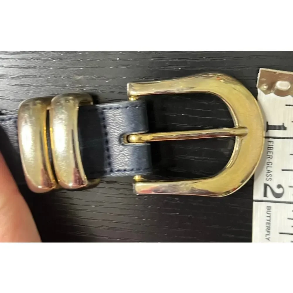 Vintage 90's Classic Navy Blue Leather Belt with Goldtone Buckle and Belt Tip